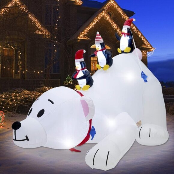 🆕7.7(L) x 6 FT(H) Inflatable Lighted Polar Bear with Three Penguin Decoration - Picture 9 of 11